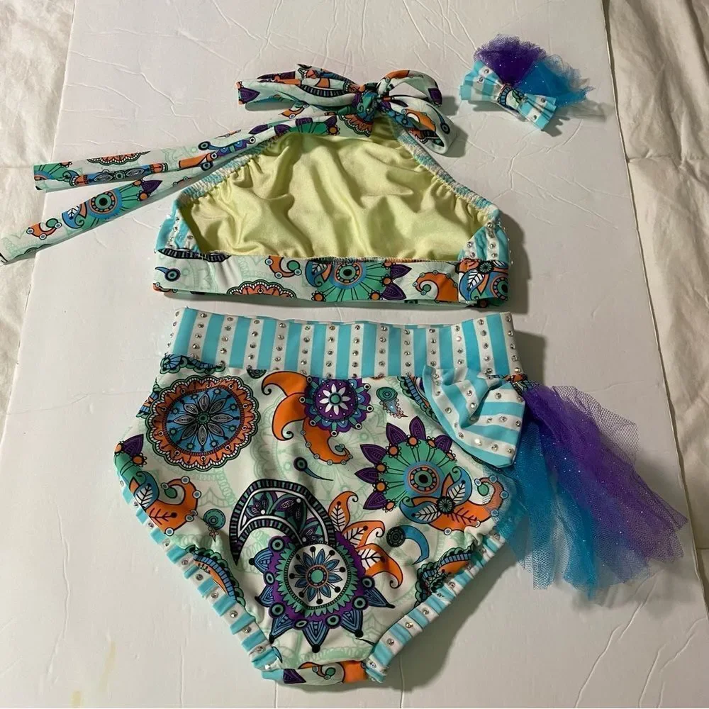 Custom solo rhinestoned bling dance costume 2 piece Paisley retro LC-large child